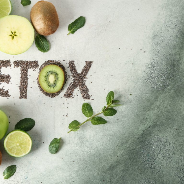 detox word with fruits and vegetables