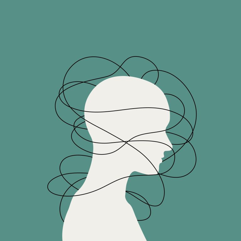 cartoon outline of bust with scattered lines representing anxiety