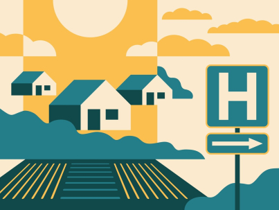 artistic drawing of rural area and hospital sign