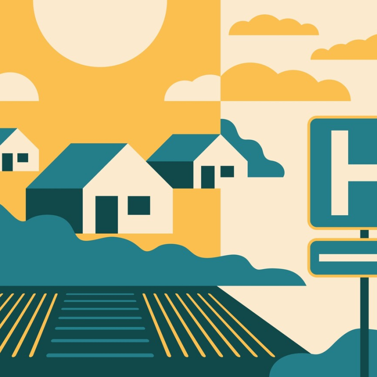 artistic drawing of rural area and hospital sign