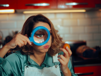 woman with magnifying glass and egg
