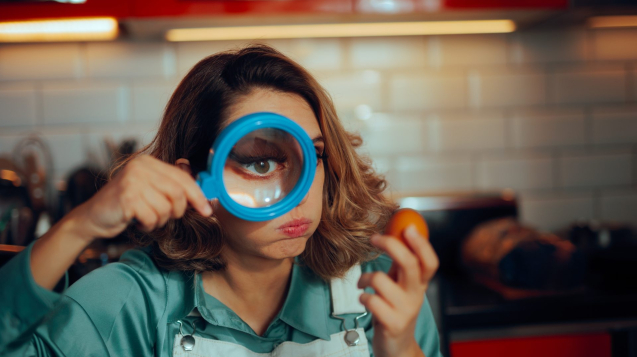 woman with magnifying glass and egg
